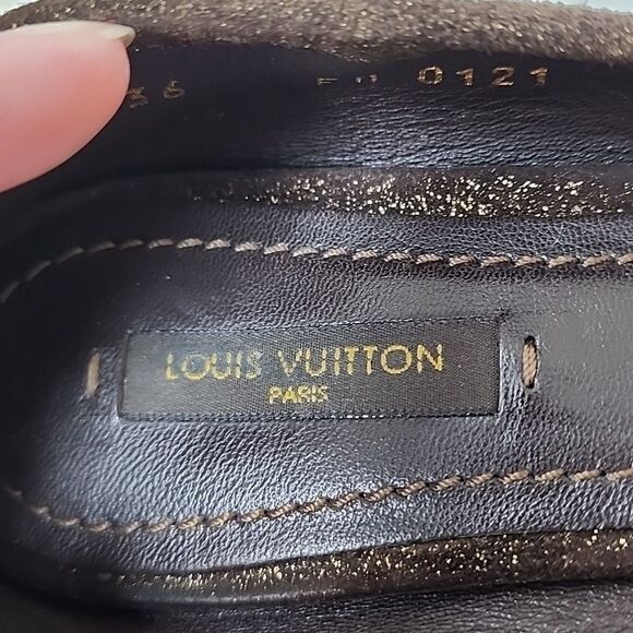 Authentic Louis Vuitton Brown Gold Suede Glitter Sheen Ballet Flats Size 36 - Picture 6 of 7